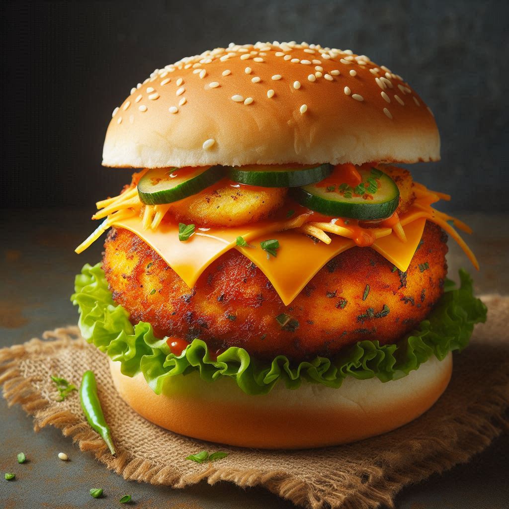 Schezwan Aloo Tikki Cheese Burger
